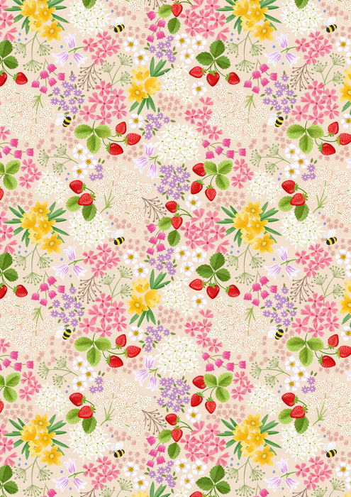 Teddy Bear's Picnic A795-1 Strawberry Bee Floral on Cream